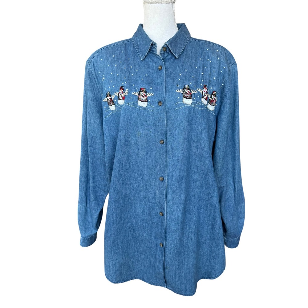 Karen Scott Blue Denim Snowmanβ Embroidered Button Down Shirt Women XL Christmas